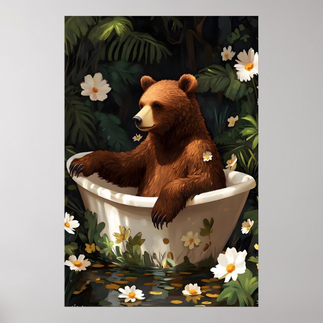 Affiche Bear In Bathtub Poster, Funny Animal Poster, Bear (Devant)