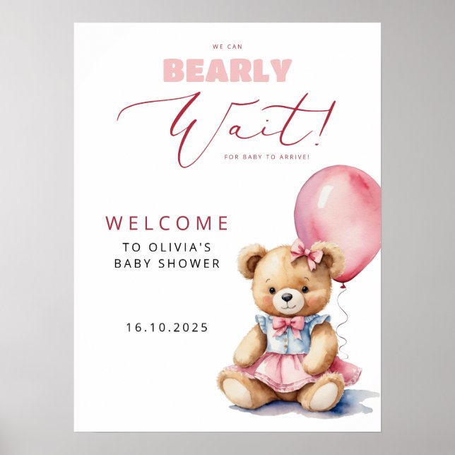 Affiche Bear Pink Balloon Girl Baby shower Bienvenue (Devant)