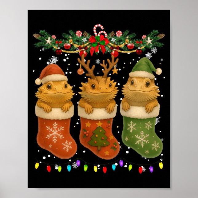 Affiche Bearded Dragon In Christmas Socks Lights Bearded D (Devant)