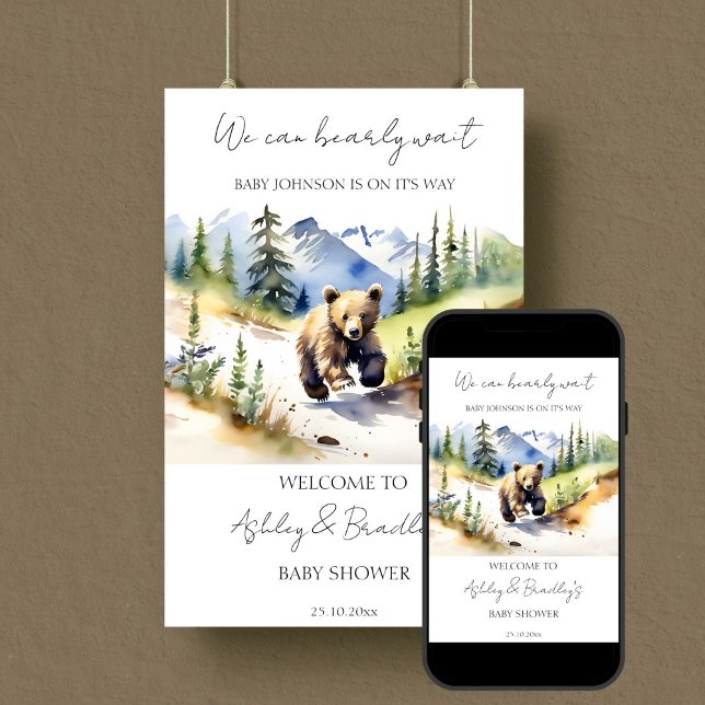 Affiche Bearly wait bear aventure baby shower accueil (Bearly wait national parks bear themed baby shower welcome sign editable template poster download )