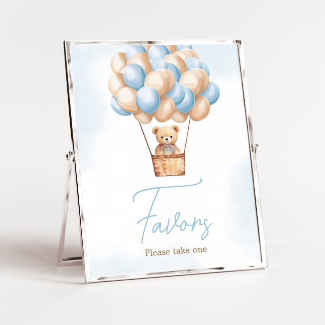 Affiche Bearly Wait Blue Hot Air Balloon Baby Faveurs bébé (Boy Baby Bear Balloons Baby Shower Favors Sign)