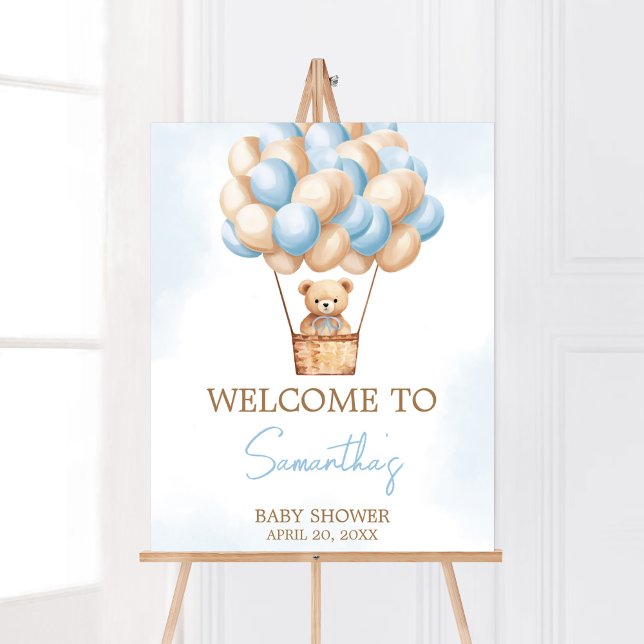Affiche Bearly Wait Blue Hot Air Balloon Bienvenue pour bé (Boy Baby Bear Balloons Baby Shower Welcome Sign)