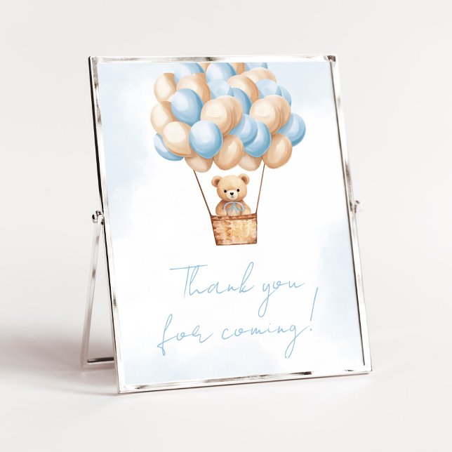 Affiche Bearly Wait Blue Hot Air Merci pour venir (Boy Baby Bear Balloons Baby Shower Thank you for Coming Sign)