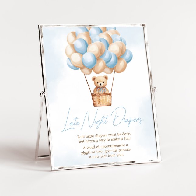 Affiche Bearly Wait Blue HotAir Balloon Late Night Diapers (Boy Baby Bear Balloons Baby Shower Late Night Diapers Sign)