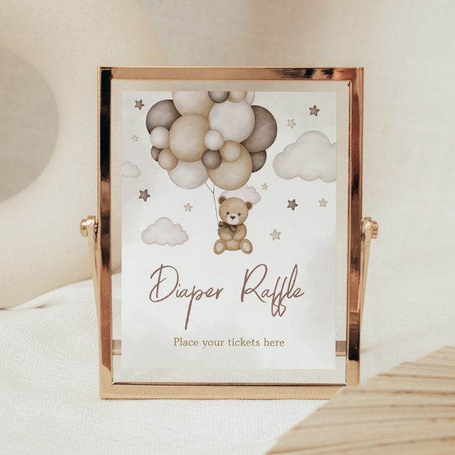 Affiche Bearly Wait Brown Balloon Diaper Raffin (Boho Brown Bear Baby Shower Diaper Raffle Sign)