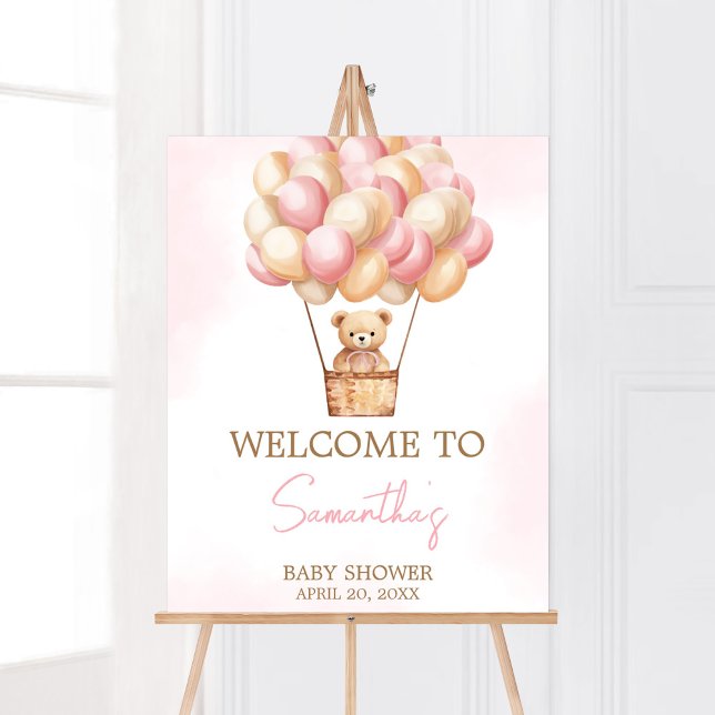 Affiche Bearly Wait Pink Hot Air Balloon Bienvenue bébé (Girl Baby Bear Balloons Baby Shower Welcome Sign)