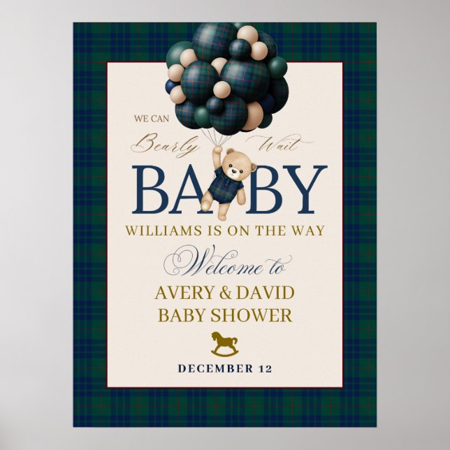 Affiche Bearly Wait Preppy Teddy Balloon Baby Shower (Devant)