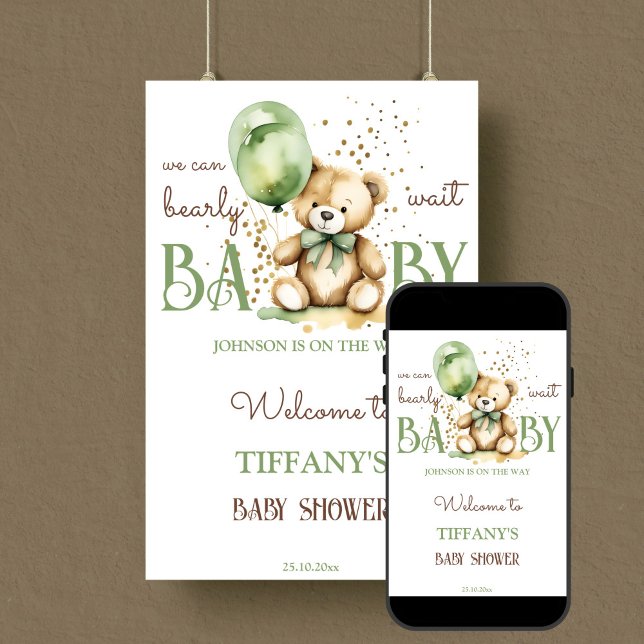 Affiche Bearly wait teddy baby shower vert signe d'accueil (Bearly wait sage green teddy bear baby shower welcome sign editable template poster digital download)
