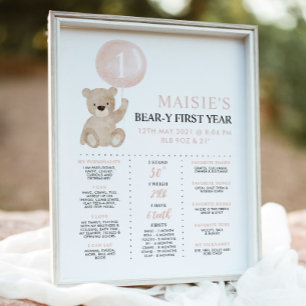 Affiche Béary 1er Anniversaire Jalon Pink Fille Ours Signa
