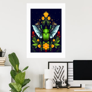 Affiche Beatle verte avec mouche et fleurs