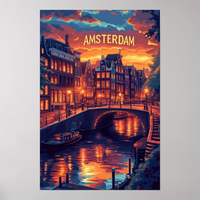 Affiche Beau Amsterdam Vintage Illustration Voyage (Devant)
