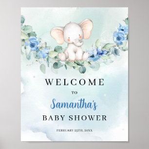Affiche Beau Baby shower bleu à fleurs bienvenue