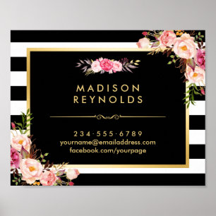 Affiche Beau cadre or floral noir blanc rayures