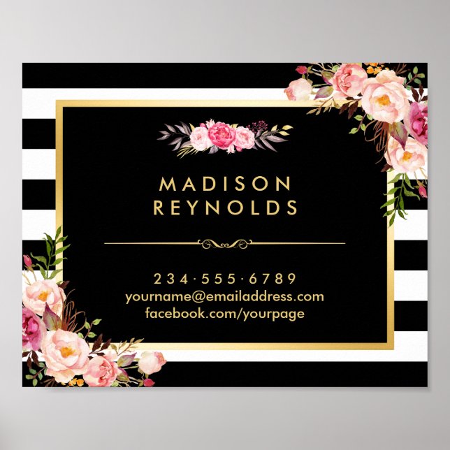 Affiche Beau cadre or floral noir blanc rayures (Devant)