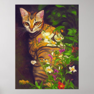 Affiche Beau chat abyssinien dans un jardin de minuit