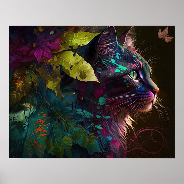 Affiche Beau chat avec feuillage - Art IA (Devant)