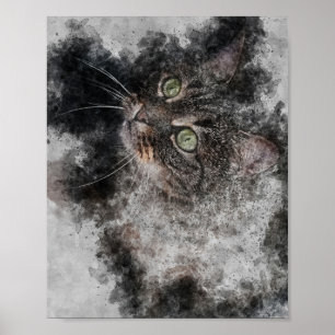 Affiche beau chat gros yeux verts aquarelle peinture