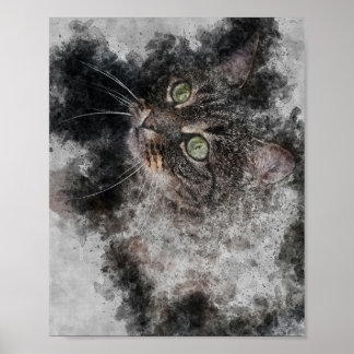Affiche beau chat gros yeux verts aquarelle peinture