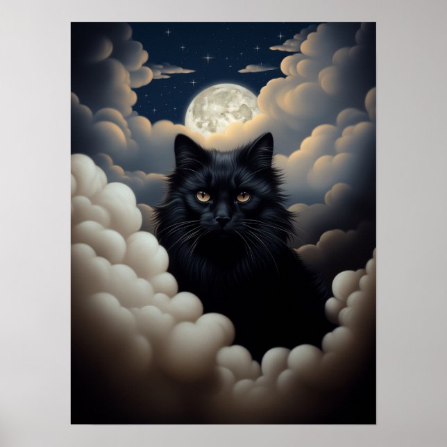 Affiche Beau Chat Noir Assis Dans Les Nuages (Devant)