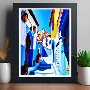 Affiche Beau Chefchaouen Marocain Bleu Ville Pop Art