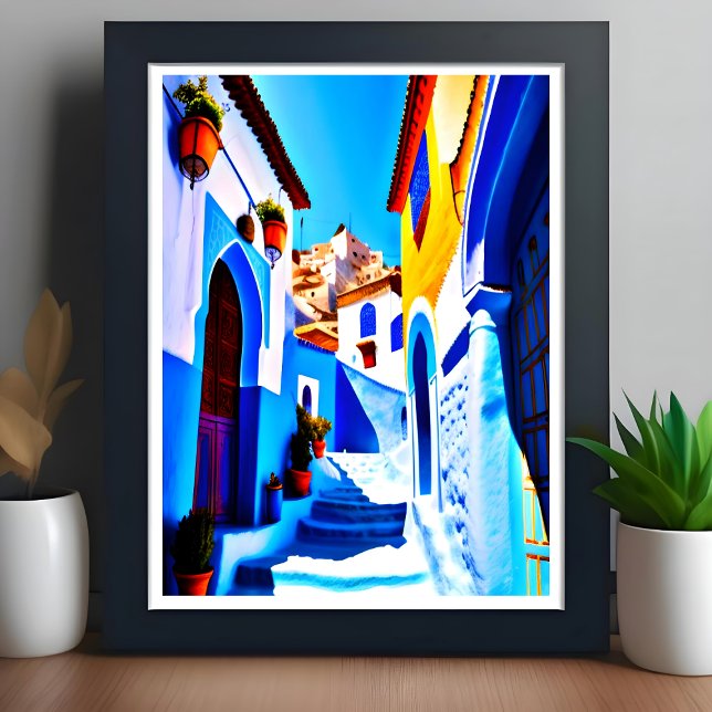 Affiche Beau Chefchaouen Marocain Bleu Ville Pop Art (Créateur téléchargé)