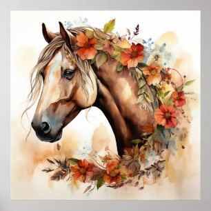 Affiche Beau Cheval aux jolies fleurs Aquarelle