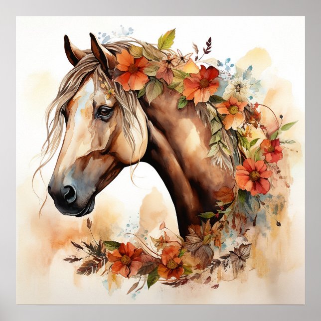 Affiche Beau Cheval aux jolies fleurs Aquarelle (Devant)