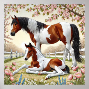 Affiche Beau cheval et poulain dans un verger en fleurs