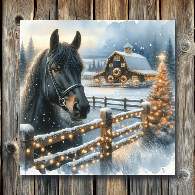 Affiche Beau Cheval Noir Festif à la ferme Noël (Créateur téléchargé)