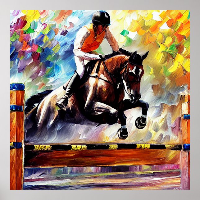 Affiche Beau Cheval Sauter Digital Huile Peinture Style (Devant)