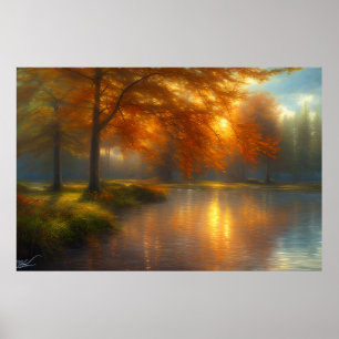 Affiche Beau classique et serein paysage rivière arbres