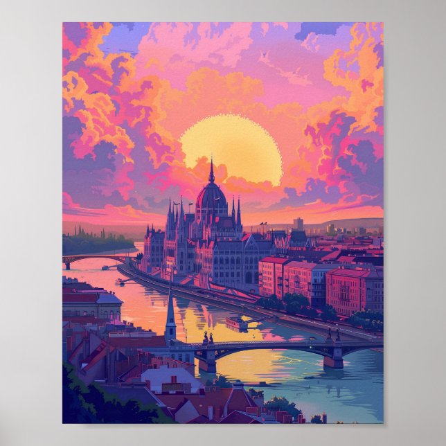 Affiche Beau coucher de soleil à Budapest Hongrie (Devant)