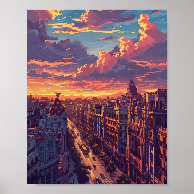 Affiche Beau coucher de soleil à Madrid Espagne (Devant)