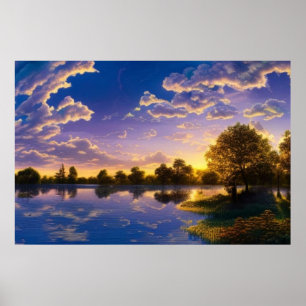 Affiche Beau coucher de soleil bleu ciel nuages d'eau arbr