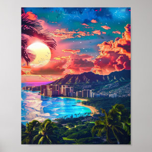 Affiche Beau coucher de soleil sur la plage Hawaiian
