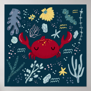 Affiche Beau crabe dormant sous l'eau Doodle