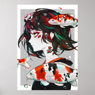 Affiche Beau dessin - Anime Girl with Koi Fish