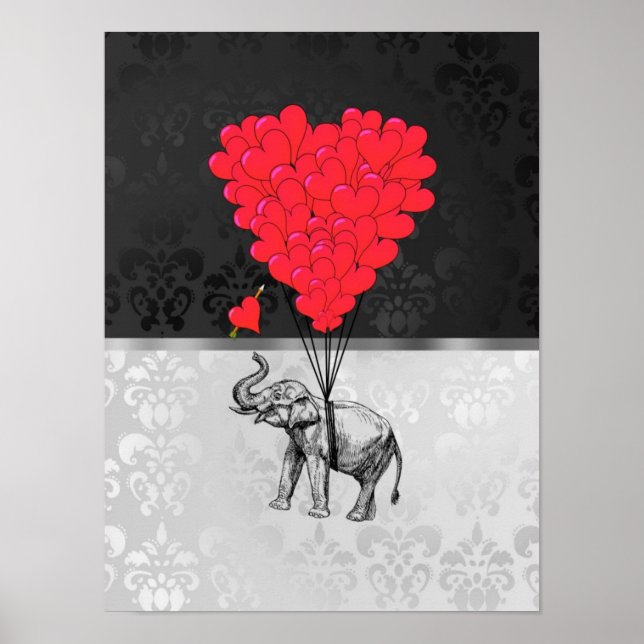 Affiche Beau éléphant et coeur d'amour gris (Devant)