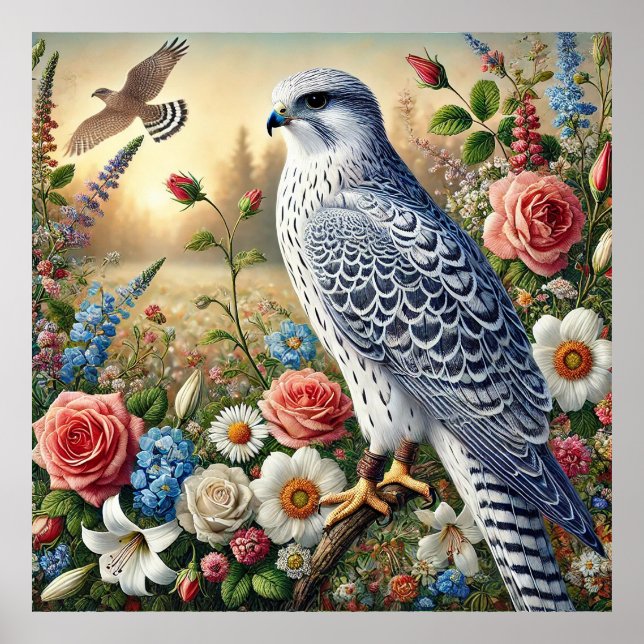 Affiche Beau faucon perché parmi des fleurs vibrantes (Devant)