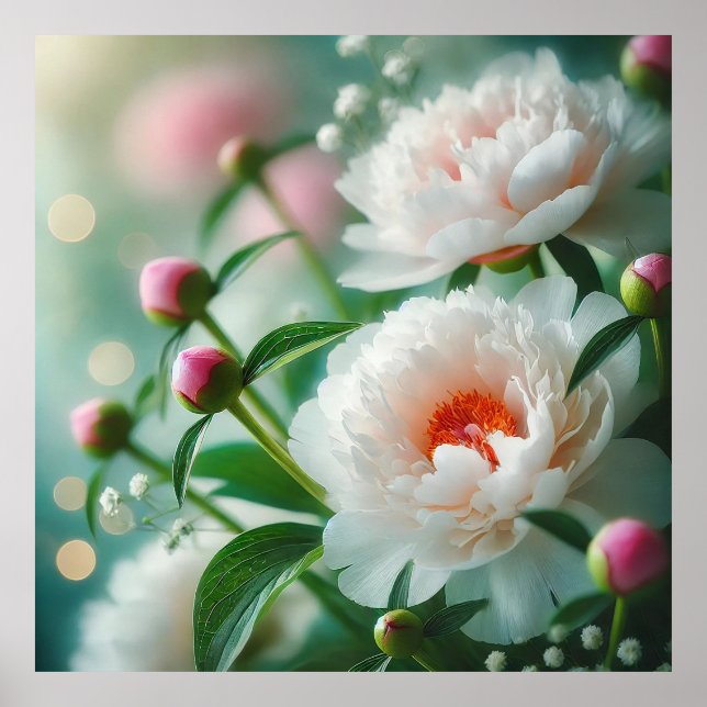 Affiche Beau gros plan de pivoines blanches en fleurs (Devant)