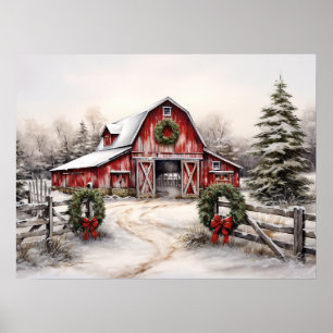 Affiche Beau hiver neigeux Rustic Red Grange Noël