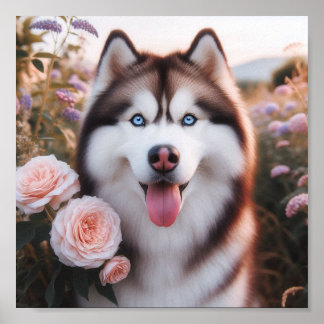 Affiche beau Husky Sibérien avec yeux bleus
