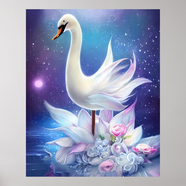 Affiche Beau Imaginaire cygne blanc avec fleurs (Devant)