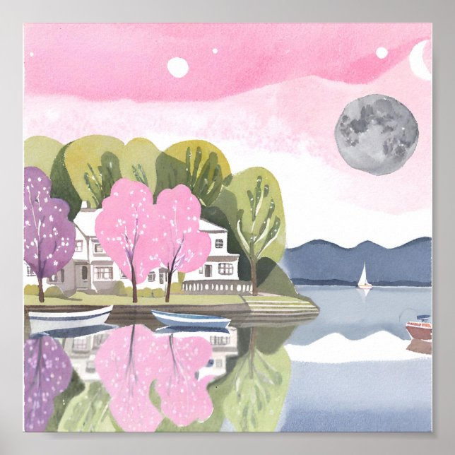 Affiche Beau Lac De La Maison Avec Pleine lune Rose (Devant)
