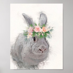 Affiche Beau lapin avec couronne de fleurs