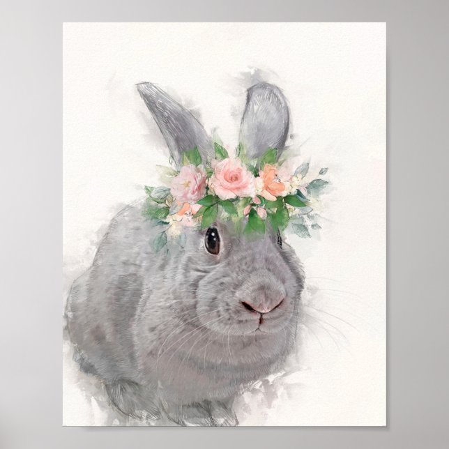 Affiche Beau lapin avec couronne de fleurs (Devant)