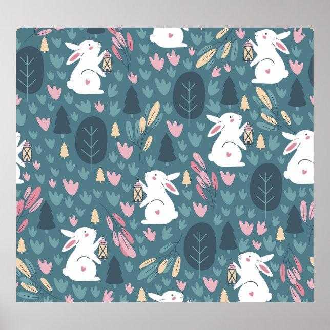 Affiche Beau lapin : vintage imprimé sans couture. (Devant)
