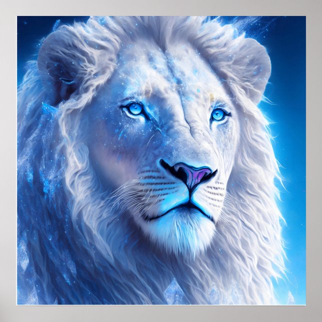 Affiche Beau Lion blanc mystique aux yeux bleus (Devant)