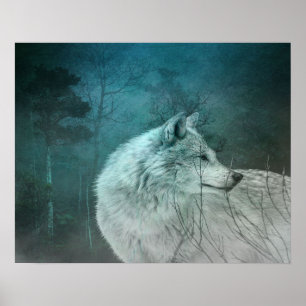 Affiche Beau loup gris dans une forêt foncée