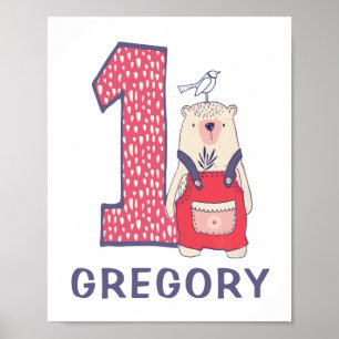 Affiche Beau ours premier anniversaire avec nom